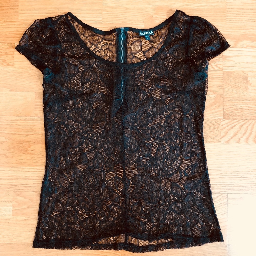 Express Sheer Lace Wide Neck top Black S